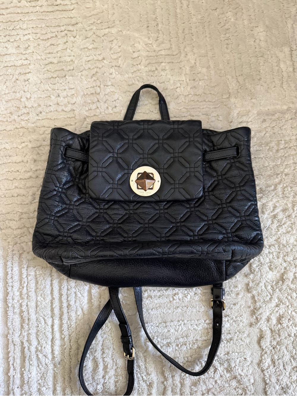Kate Spade Quilted Black Women's Leather Backpack with Gold Turn-Lock